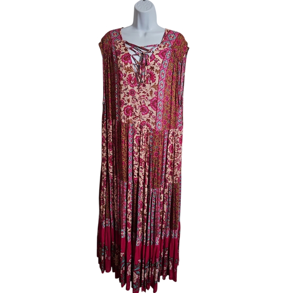 Free People Womens L Maxi Dress Pink Floral Patchwork Lace Up Tiered Boho - Picture 2 of 8
